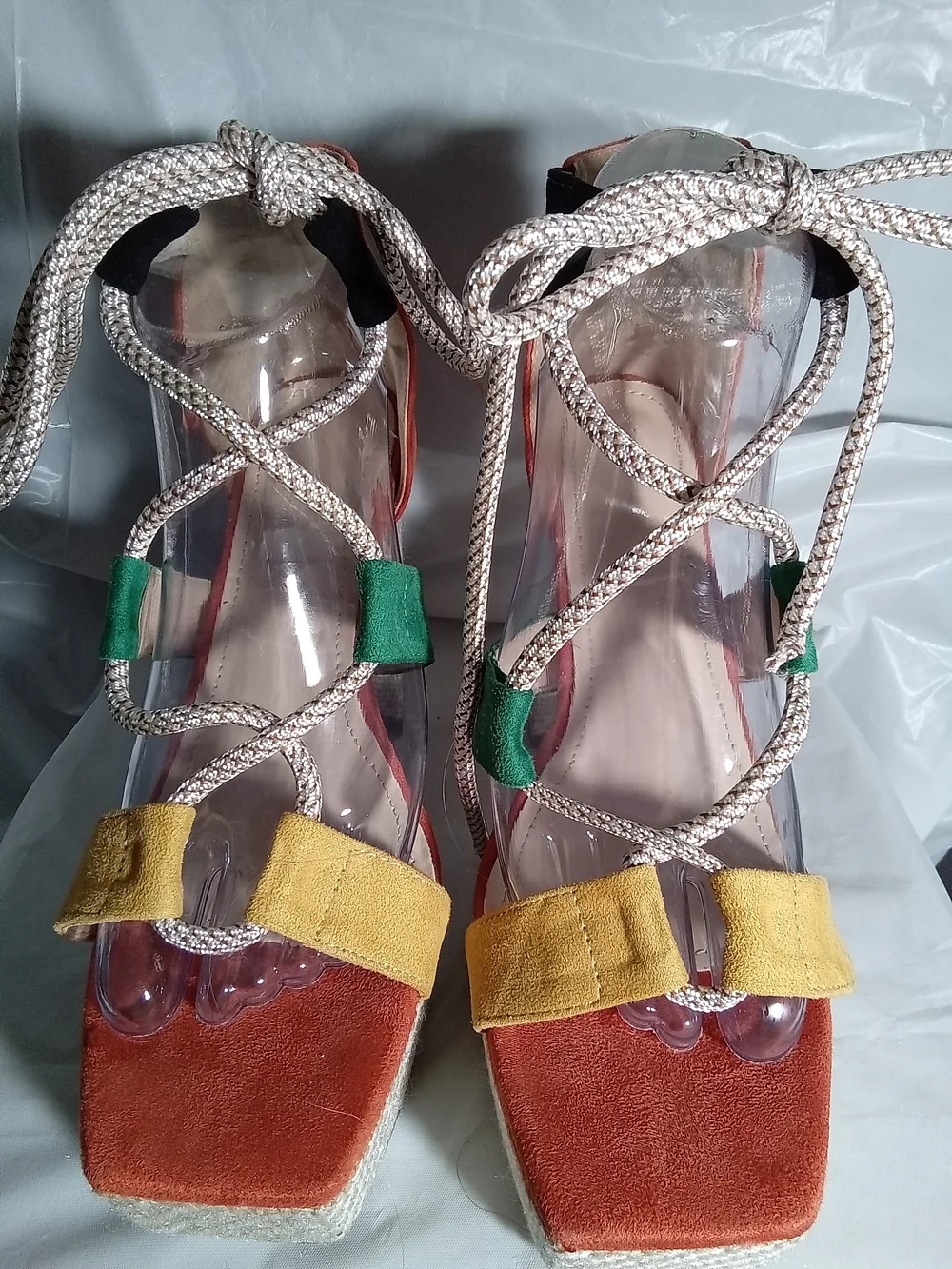 Block Heel Colorblock Espadrille Platform Sandals. Yellow, Green & Orange
